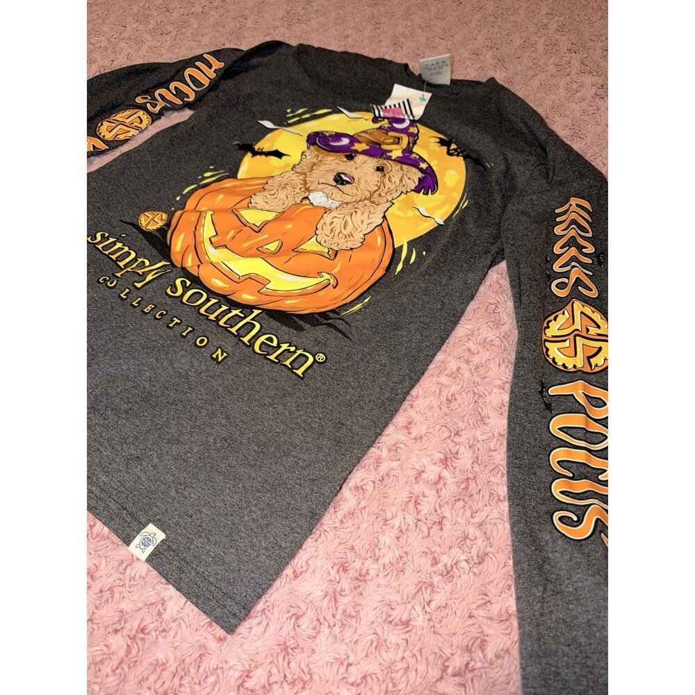 Simply Southern Hocus Pocus Puppy Gray Shirt Pumpkin Halloween Dog Women Small